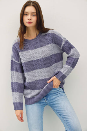 STRIPED CABLE KNIT CREW NECK SWEATER