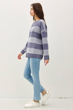 STRIPED CABLE KNIT CREW NECK SWEATER