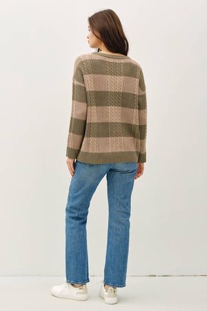 STRIPED CABLE KNIT CREW NECK SWEATER