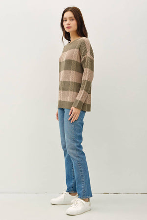 STRIPED CABLE KNIT CREW NECK SWEATER