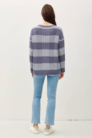 STRIPED CABLE KNIT CREW NECK SWEATER