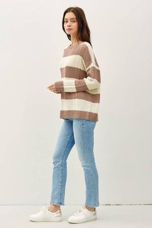 STRIPED CABLE KNIT CREW NECK SWEATER