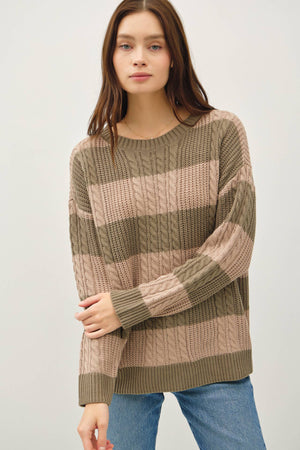 STRIPED CABLE KNIT CREW NECK SWEATER