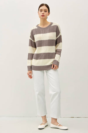 STRIPED CABLE KNIT CREW NECK SWEATER