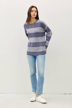 STRIPED CABLE KNIT CREW NECK SWEATER