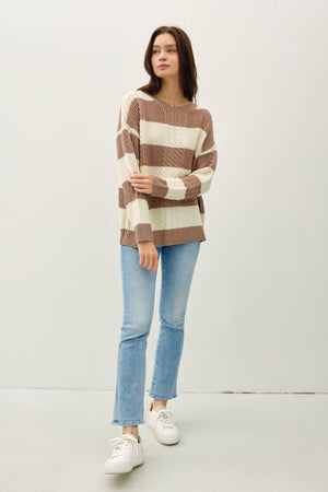 STRIPED CABLE KNIT CREW NECK SWEATER