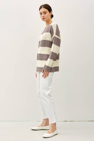 STRIPED CABLE KNIT CREW NECK SWEATER