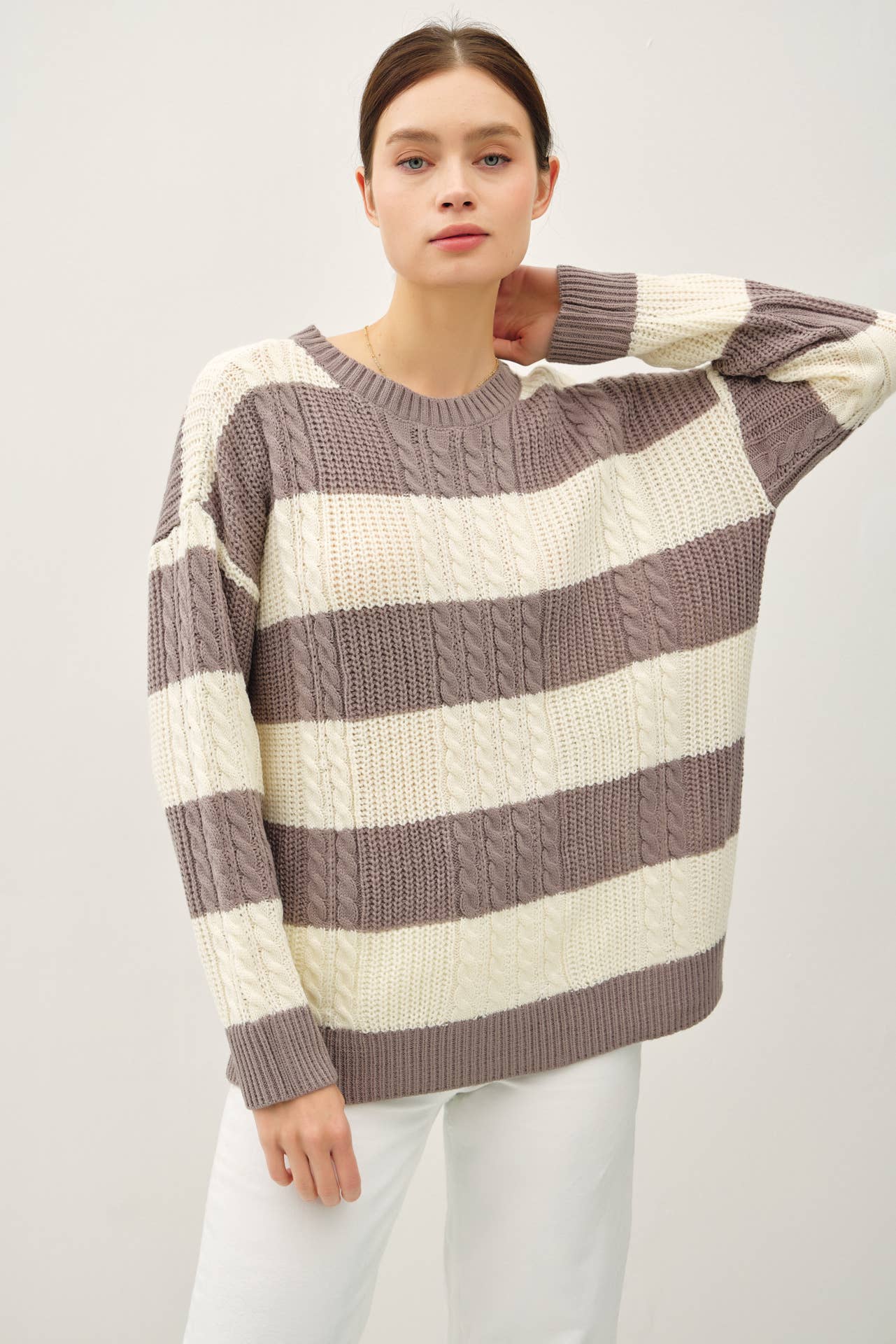 STRIPED CABLE KNIT CREW NECK SWEATER