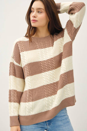 STRIPED CABLE KNIT CREW NECK SWEATER